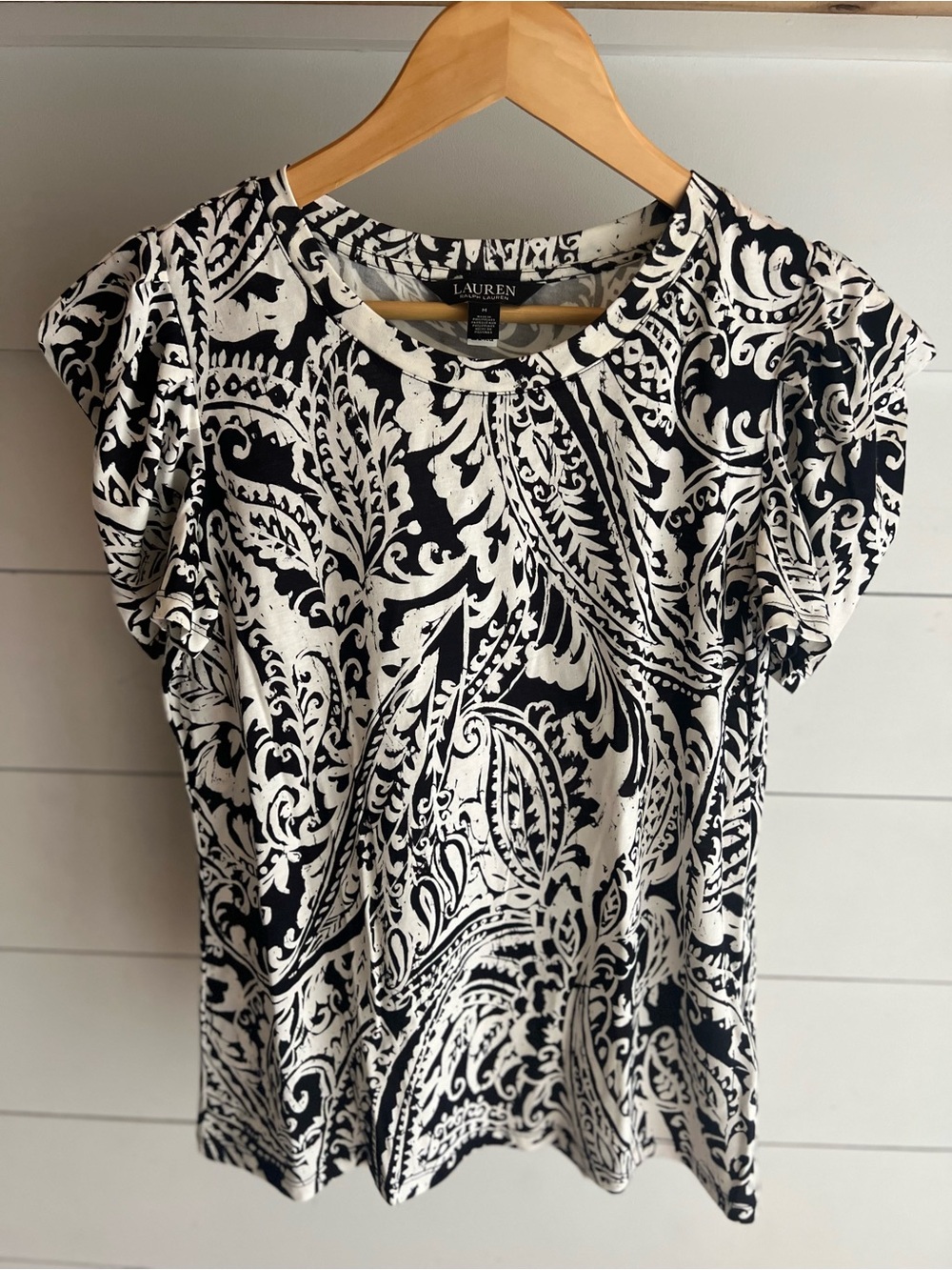 Lauren Ralph Lauren Black & White Paisley Short Puff Sleeve Knit Top Size M